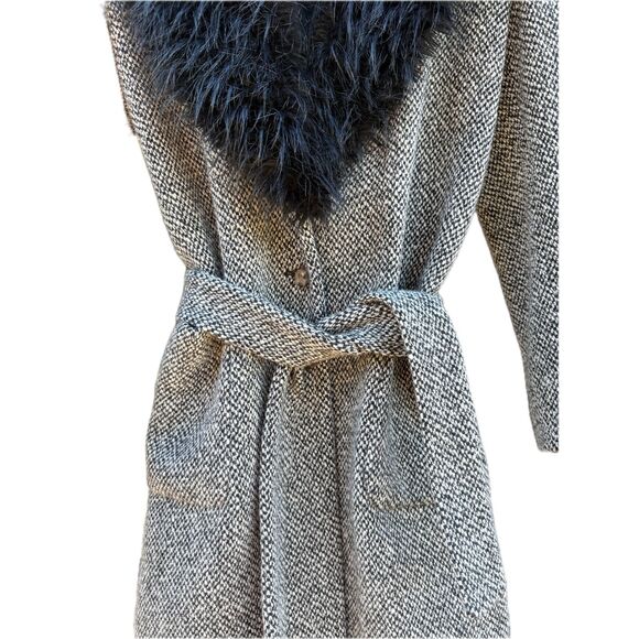 OLIVER Tweed Faux Fur Collar Belted Long Coat Women Black White Herringbone - Picture 5 of 7